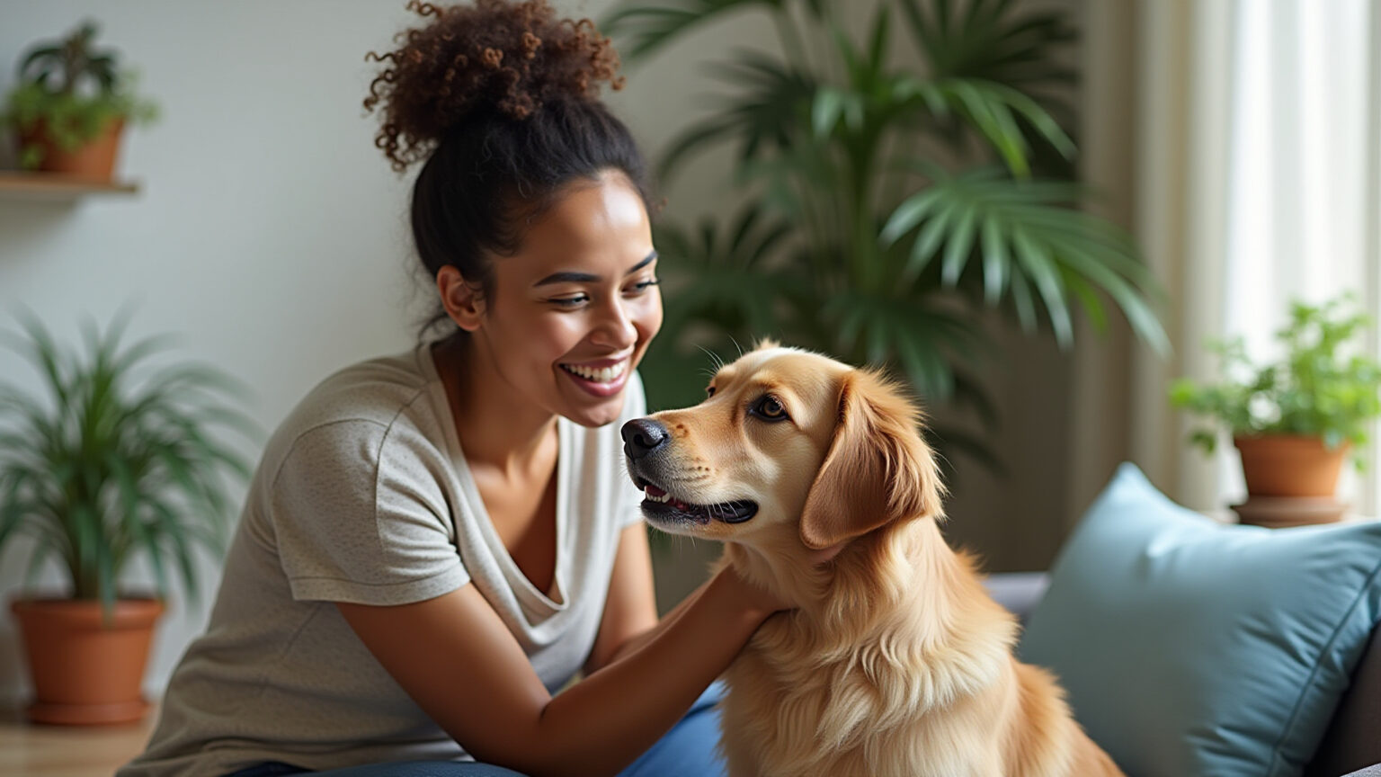 Tutor brasileiro feliz com seu pet em casa, ilustrando bem-estar e cuidado proporcionado por convênio pet em Palmas.