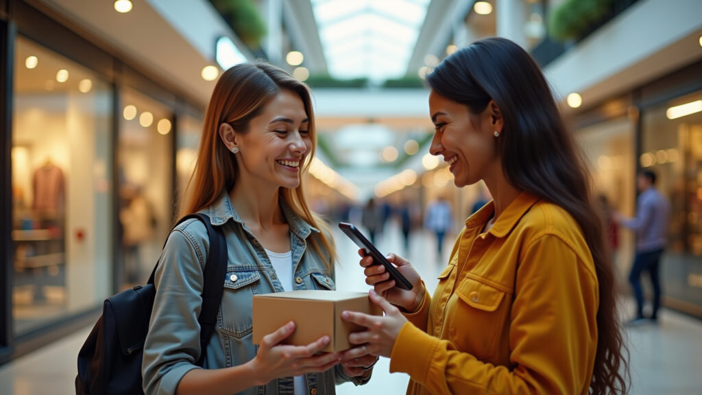 Pessoas comprando e vendendo com segurança em Minas Gerais, usando celular em shopping.