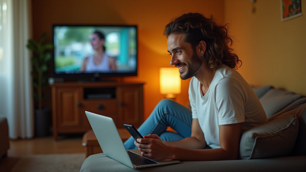 Pessoa acompanhando notícias locais do Piauí em tempo real com TV, celular e laptop em sala brasileira vibrante.