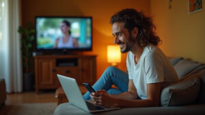 Pessoa acompanhando notícias locais do Piauí em tempo real com TV, celular e laptop em sala brasileira vibrante.