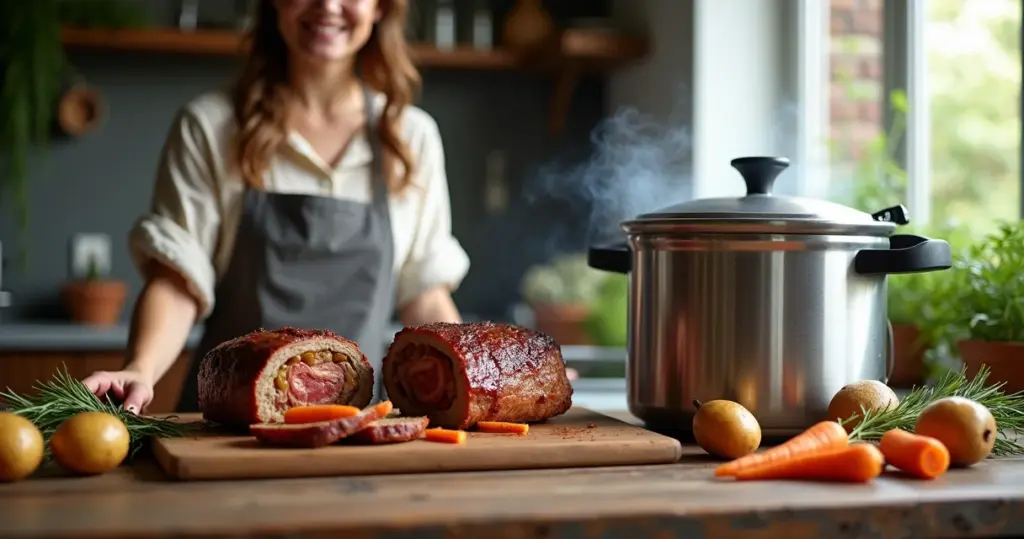 Carne assada recheada na panela de pressão: suculenta em 40 minutos