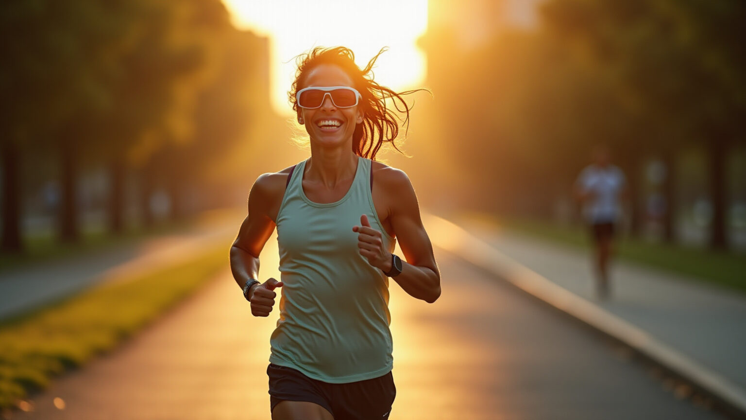 Corredora brasileira sorrindo com óculos de corrida modernos em parque ensolarado.