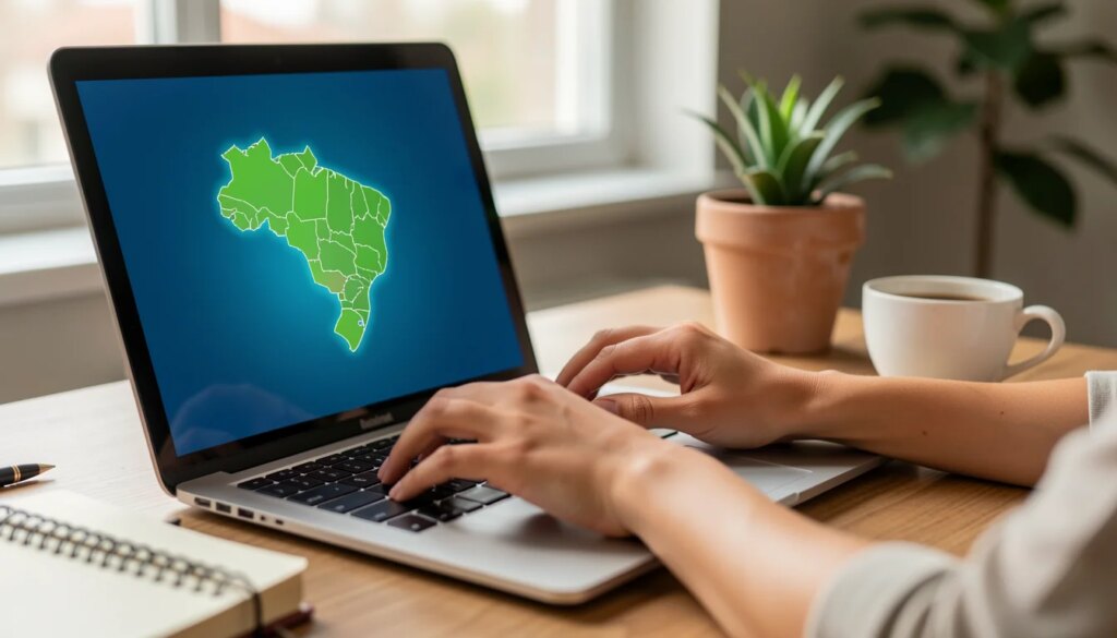 Mãos digitando em laptop com mapa do Brasil borrado na tela, xícara de café e caderno na mesa.