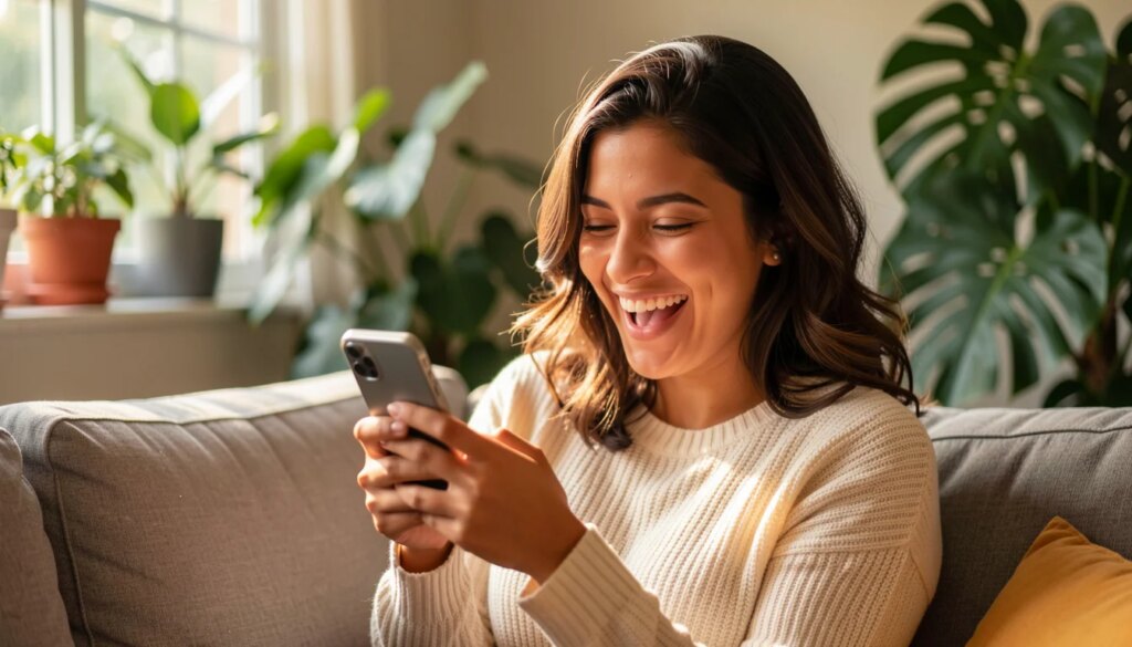 Mulher sorrindo ao receber mensagem personalizada no celular em casa