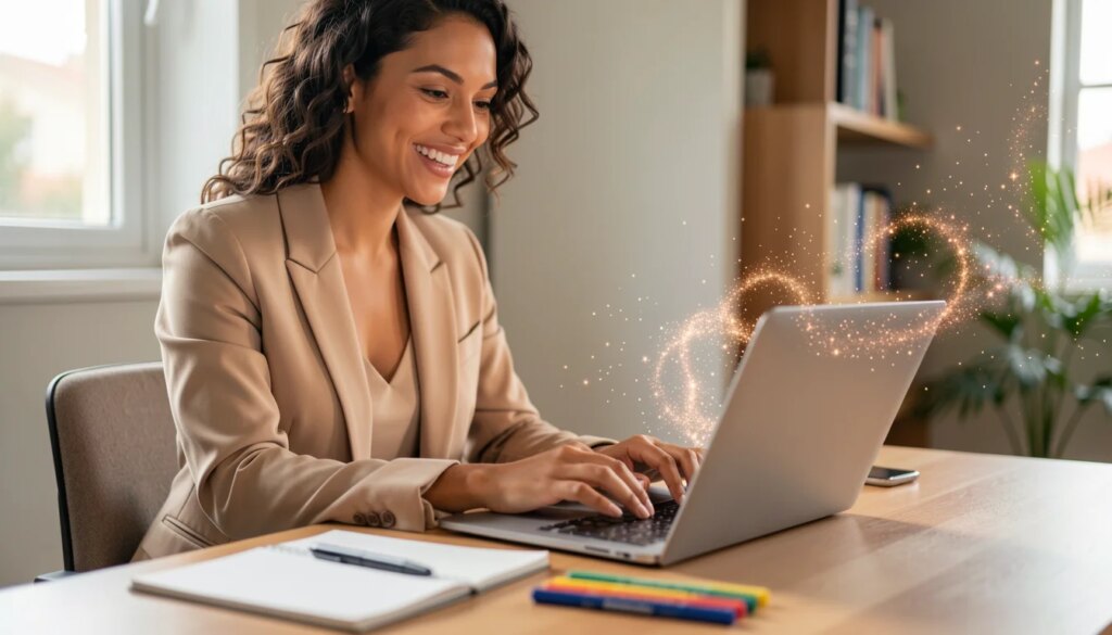 Brasileira sorridente usa laptop com partículas de luz em escritório moderno e iluminado.
