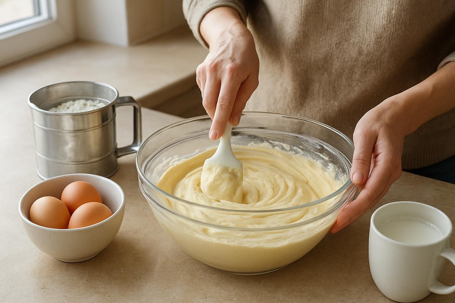 Massa de bolo de trigo sendo misturada com espátula em uma tigela, com ovos e farinha ao lado