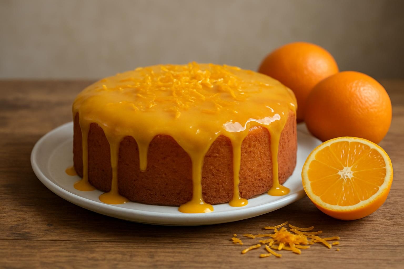 Bolo de trigo com calda de laranja servido em prato branco com laranjas ao lado