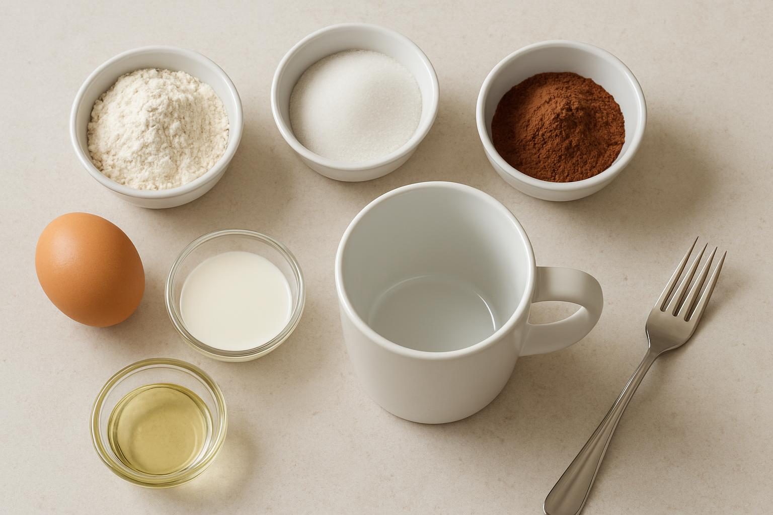 Ingredientes do bolo de caneca separados sobre a bancada da cozinha