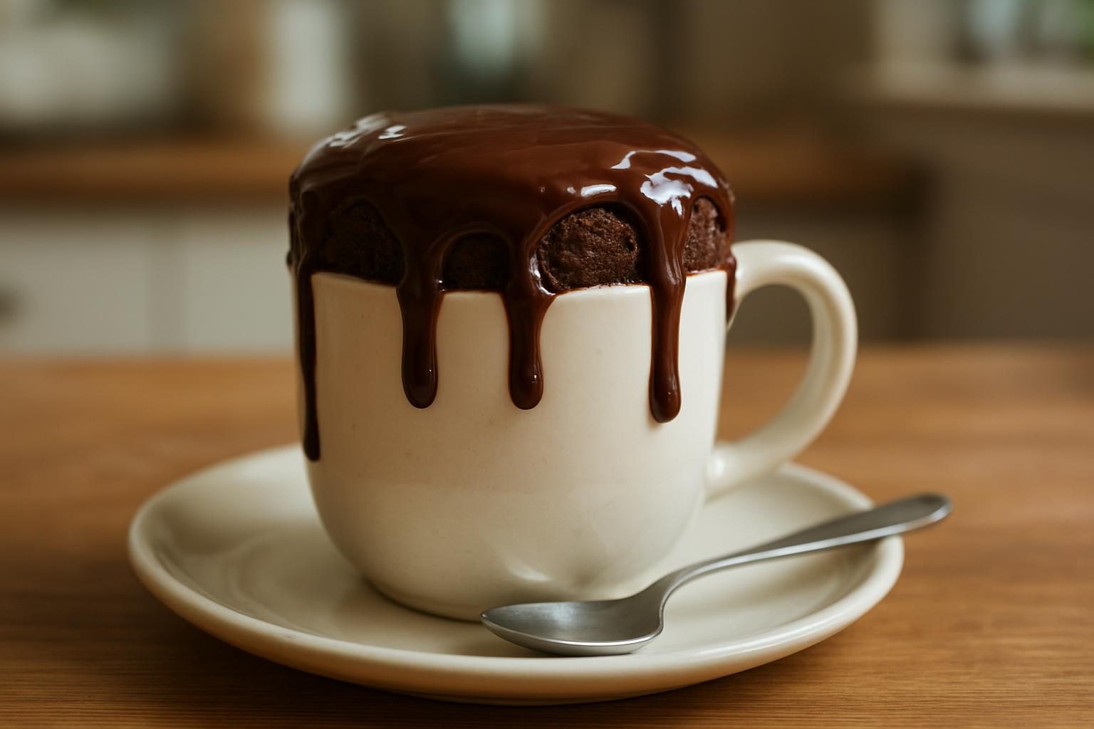 Bolo de caneca coberto com calda de brigadeiro escorrendo pela caneca