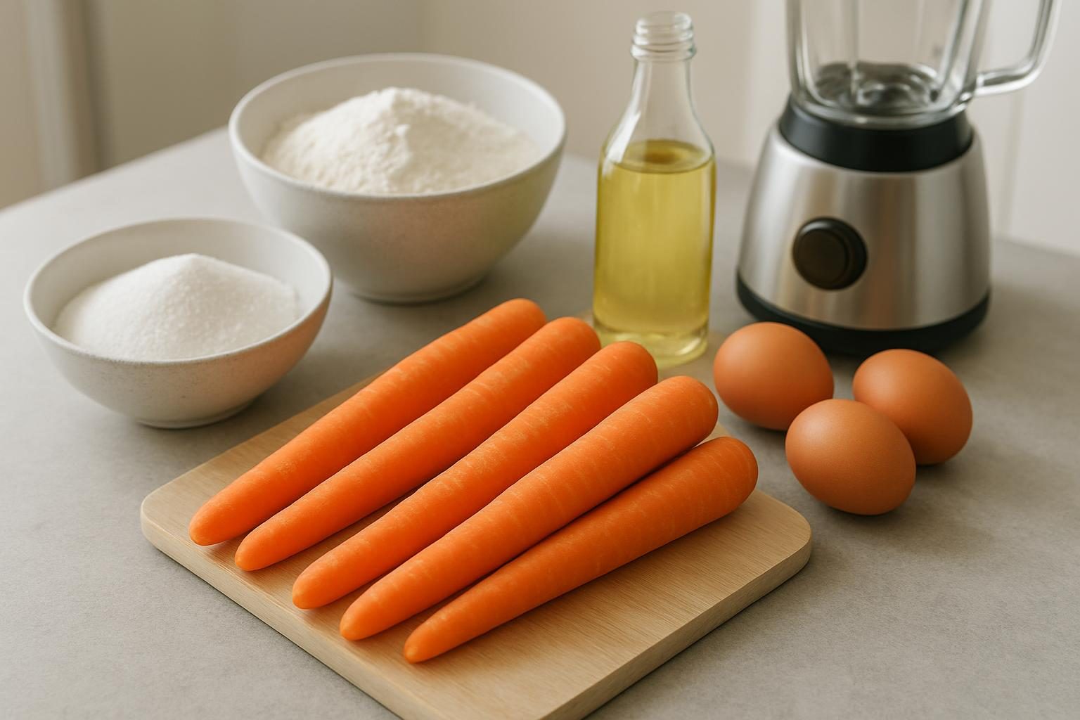 Ingredientes do bolo de cenoura simples: cenouras, ovos, farinha, açúcar, óleo e liquidificador