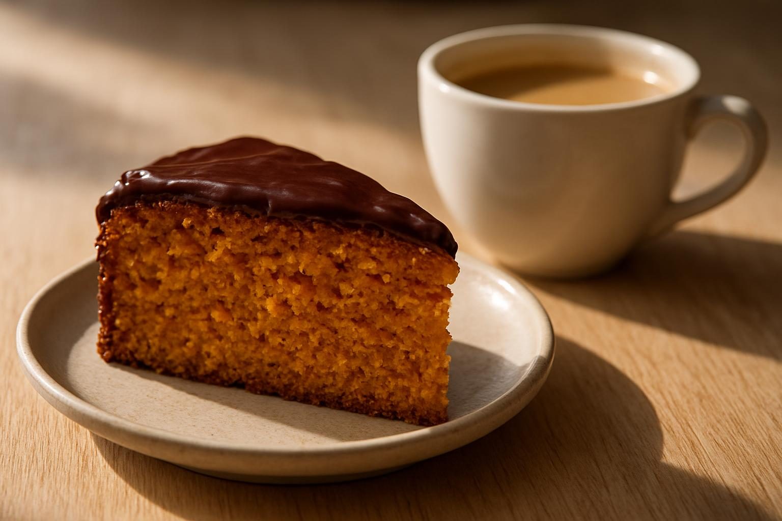 Fatia de bolo de cenoura fofinho com cobertura de chocolate ao lado de uma xícara de café