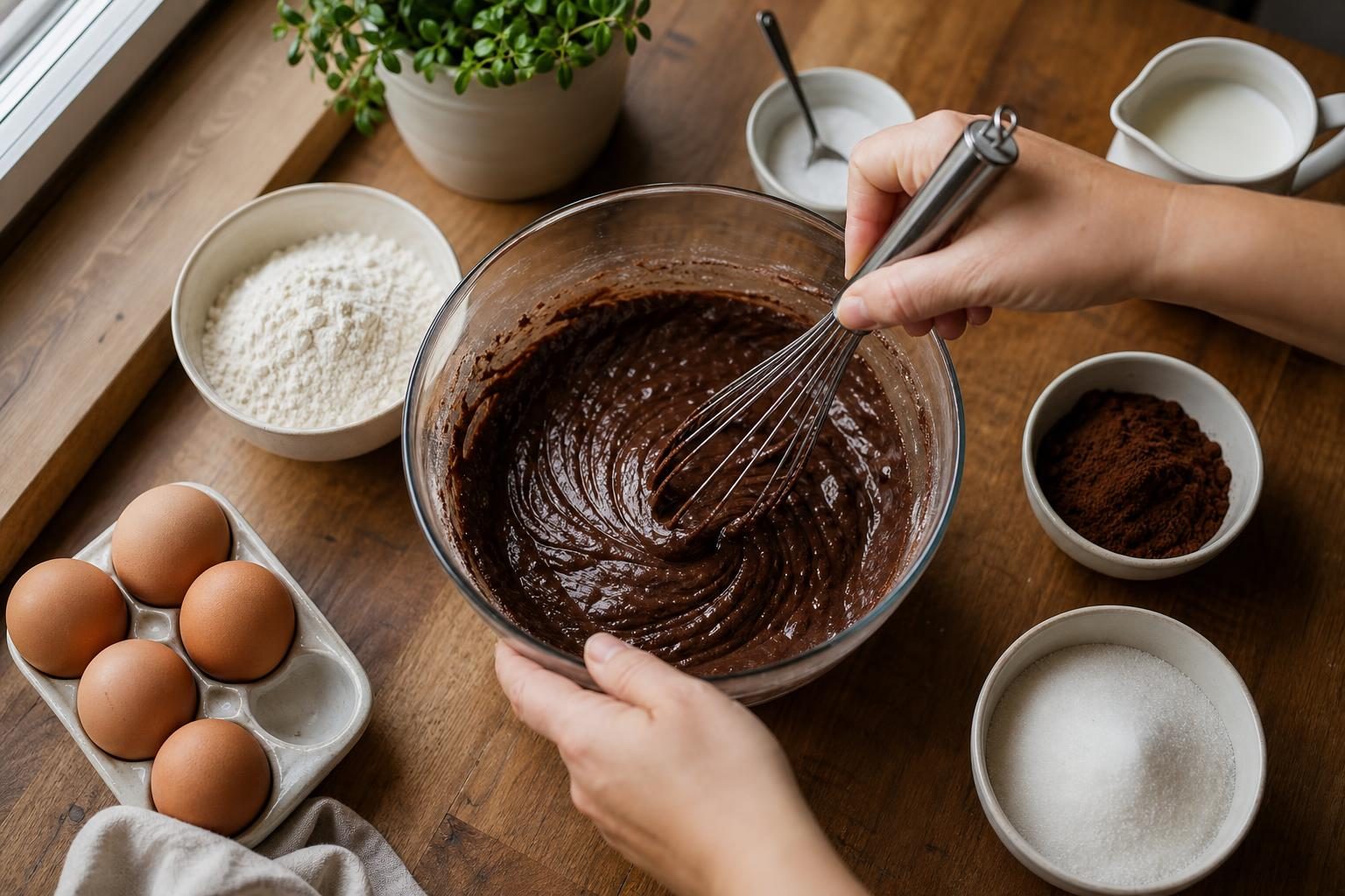 Massa de bolo de chocolate sendo misturada em tigela de vidro com os ingredientes ao redor