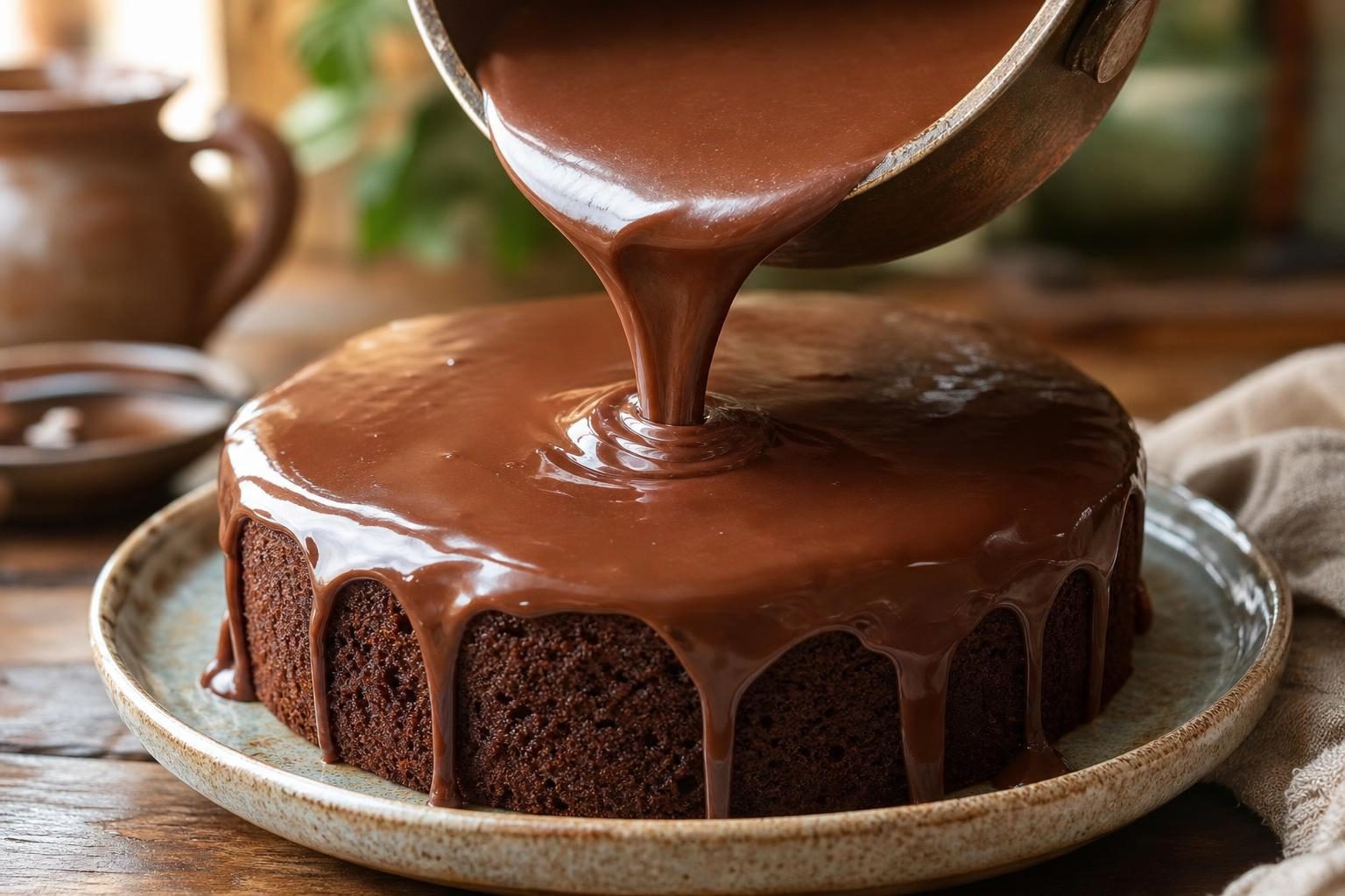 Cobertura cremosa de brigadeiro sendo despejada sobre bolo de chocolate ainda morno