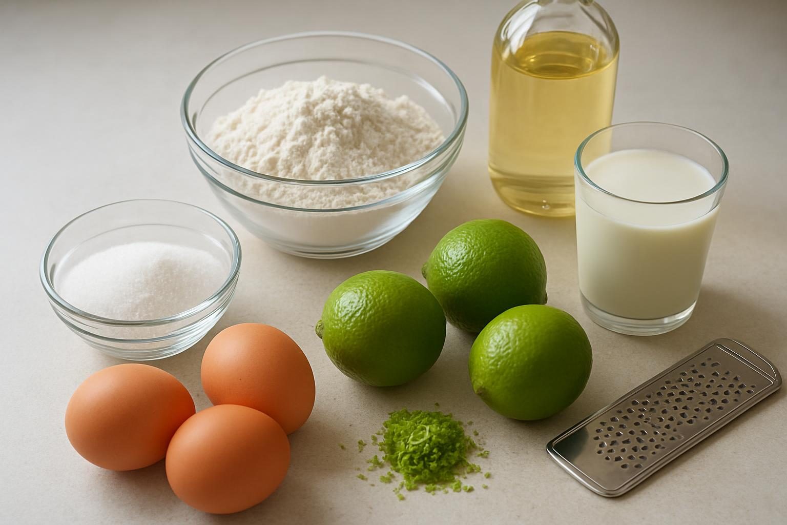 Ingredientes do bolo de limão: ovos, açúcar, farinha, leite, óleo, limões e raspas da casca