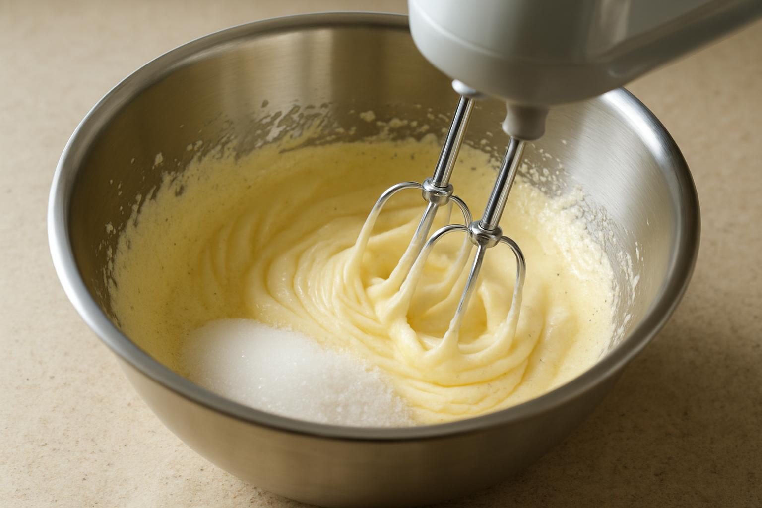 Ovos batidos com açúcar formando um creme claro e aerado para o bolo