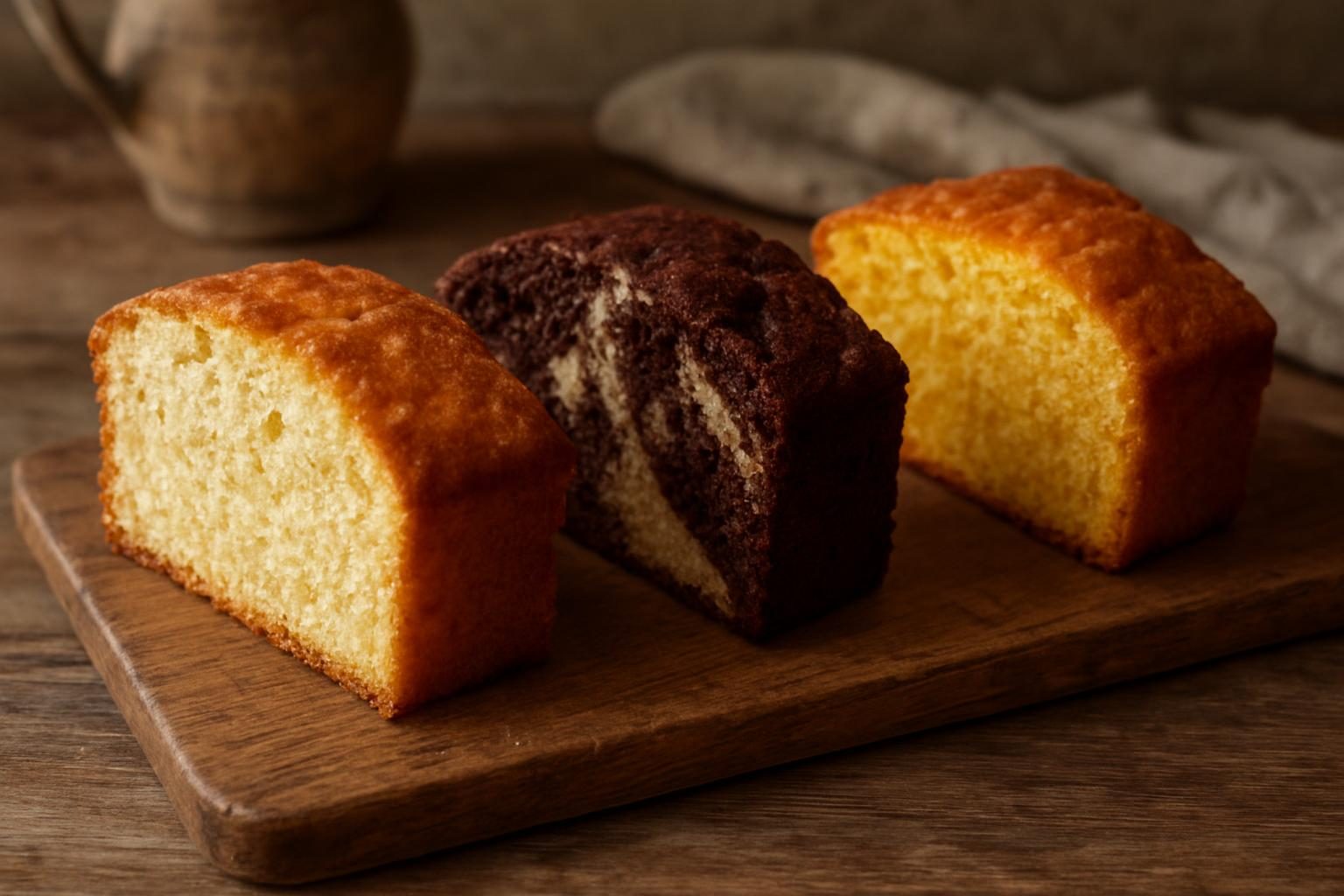 Fatias de bolo simples em variações de baunilha, mesclado e laranja