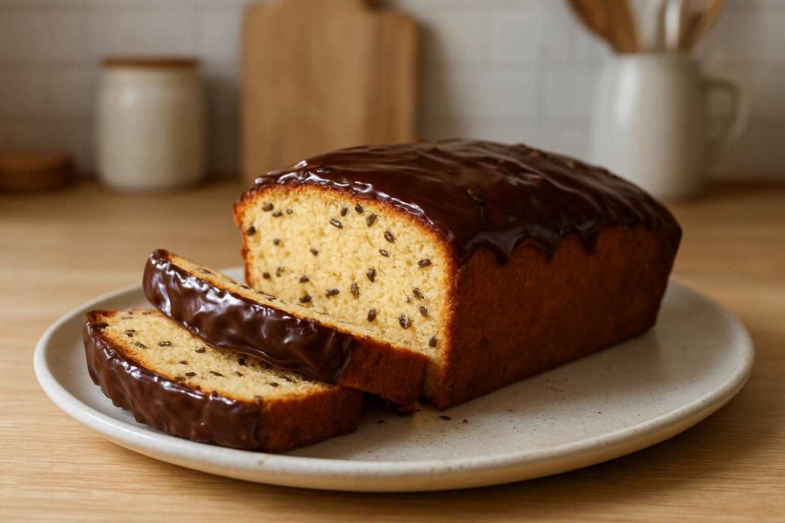 Fatias de bolo formigueiro com cobertura de chocolate em um prato