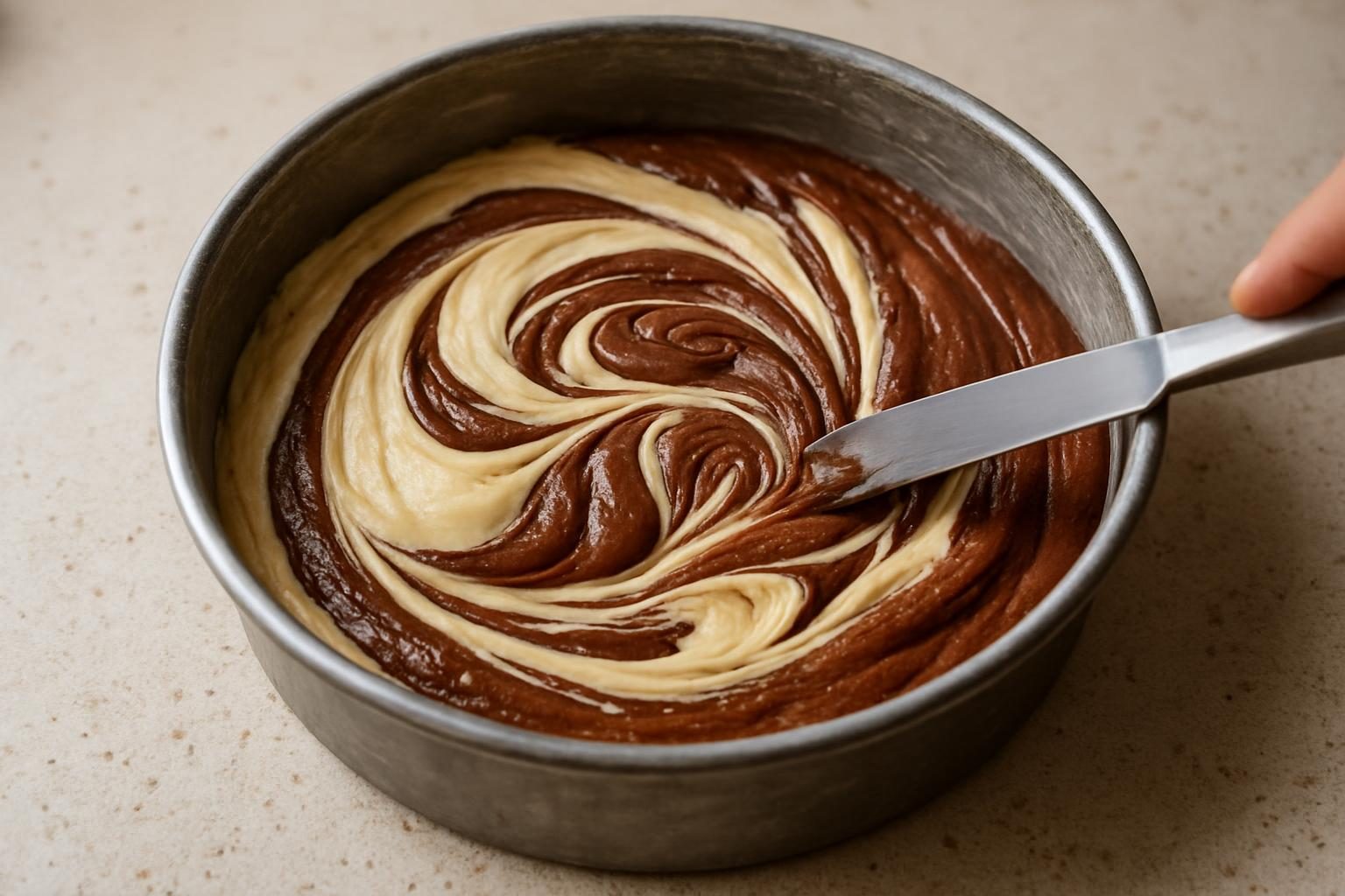 Massas clara e de chocolate alternadas na forma sendo mescladas com uma faca
