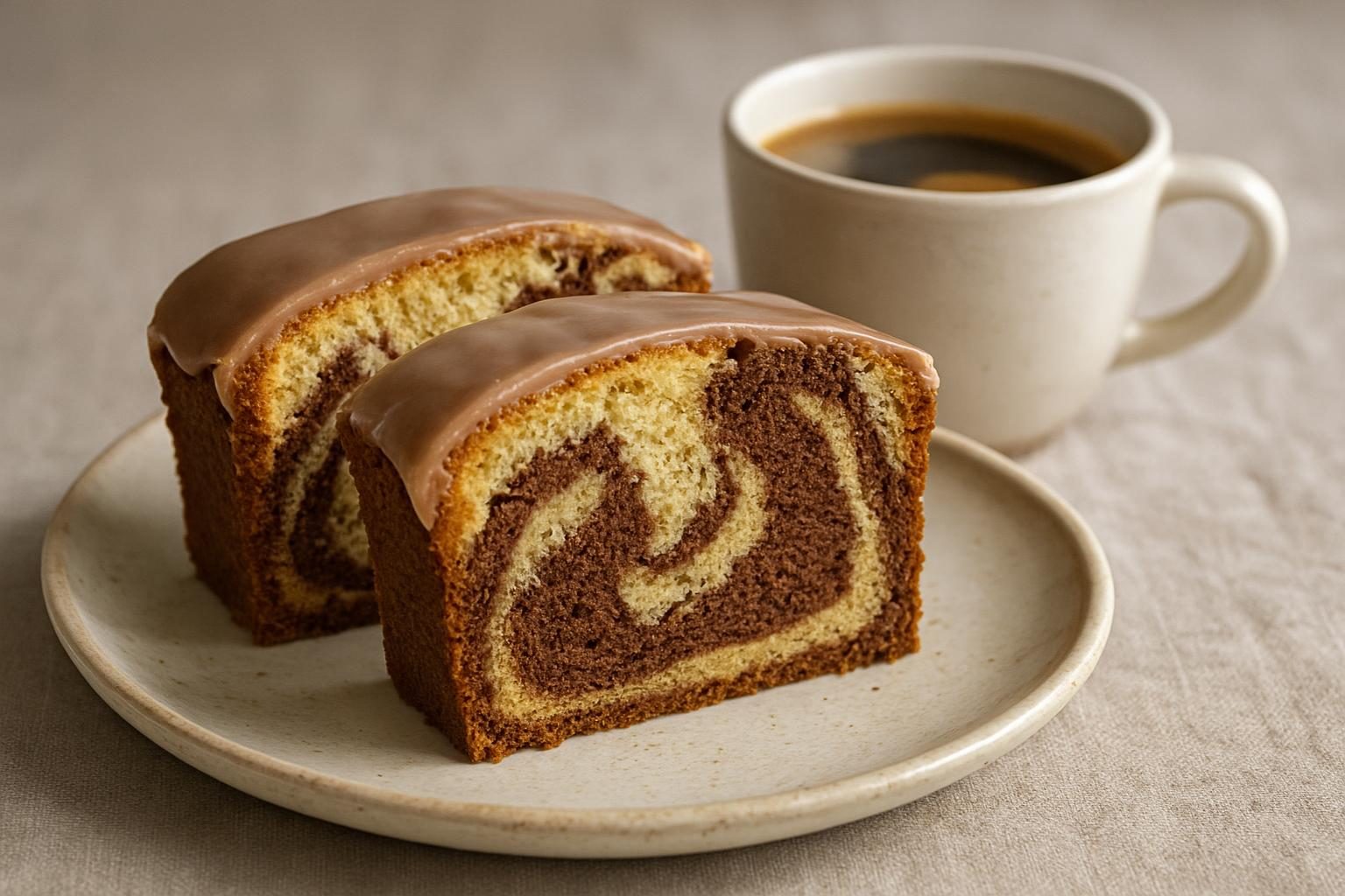Fatias de bolo mesclado com calda de chocolate servidas com café