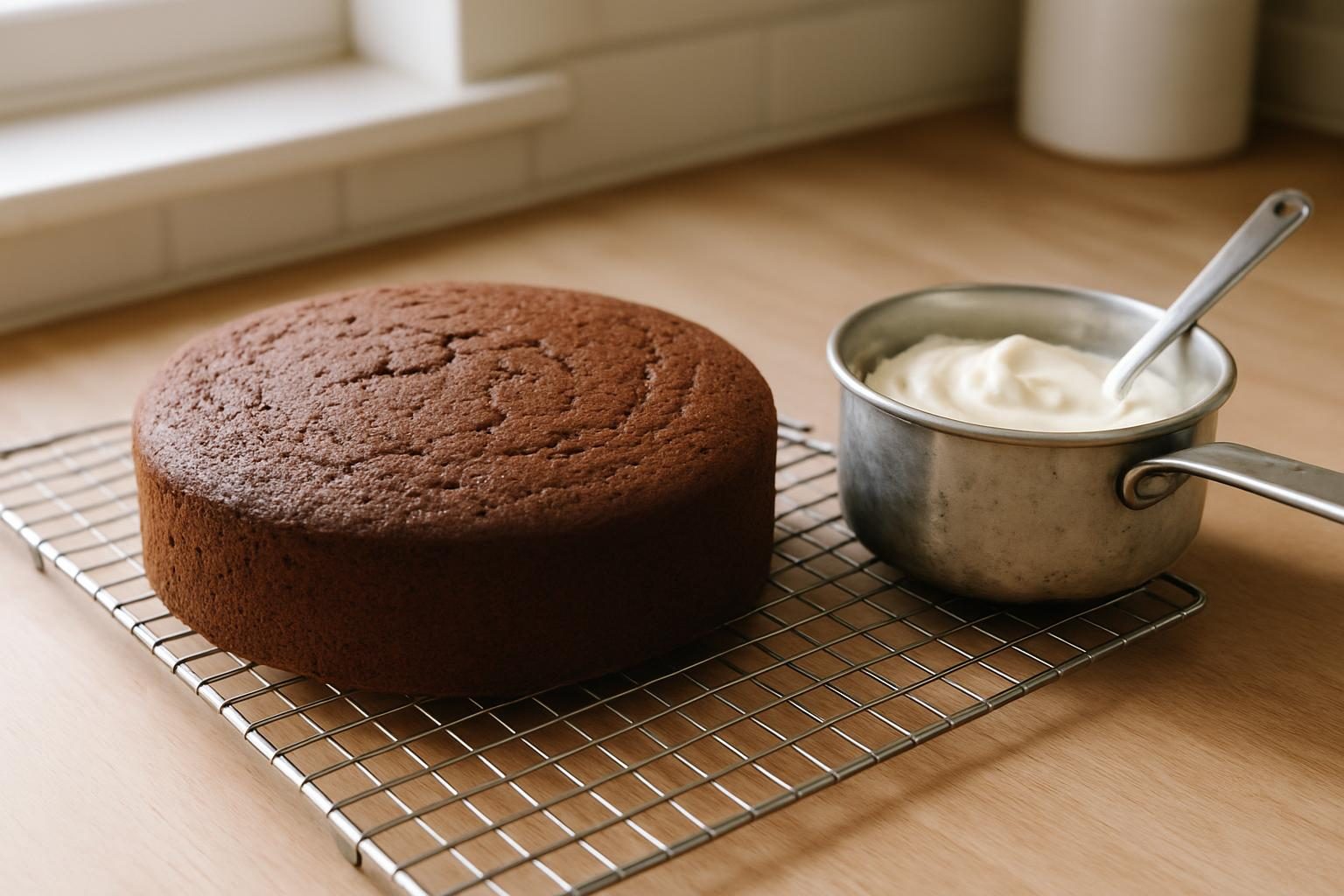 Massa de bolo de chocolate assada esfriando na grade ao lado da panela com recheio de coco