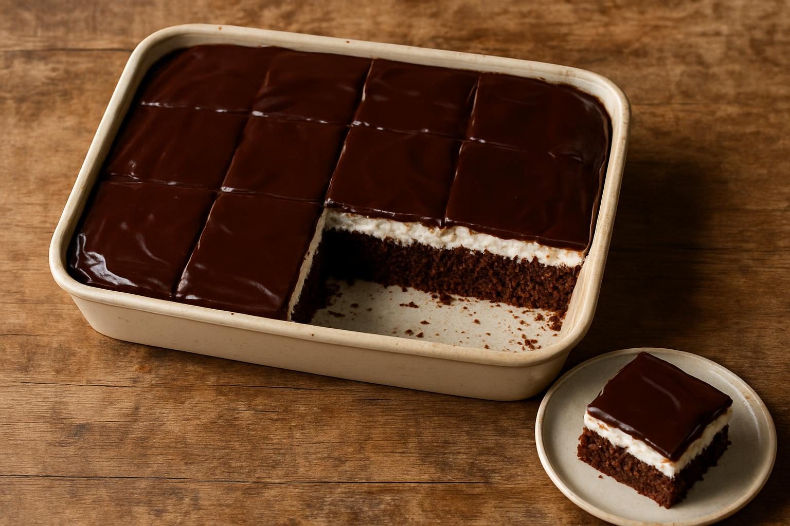 Bolo prestígio de travessa com camada de coco e cobertura de chocolate