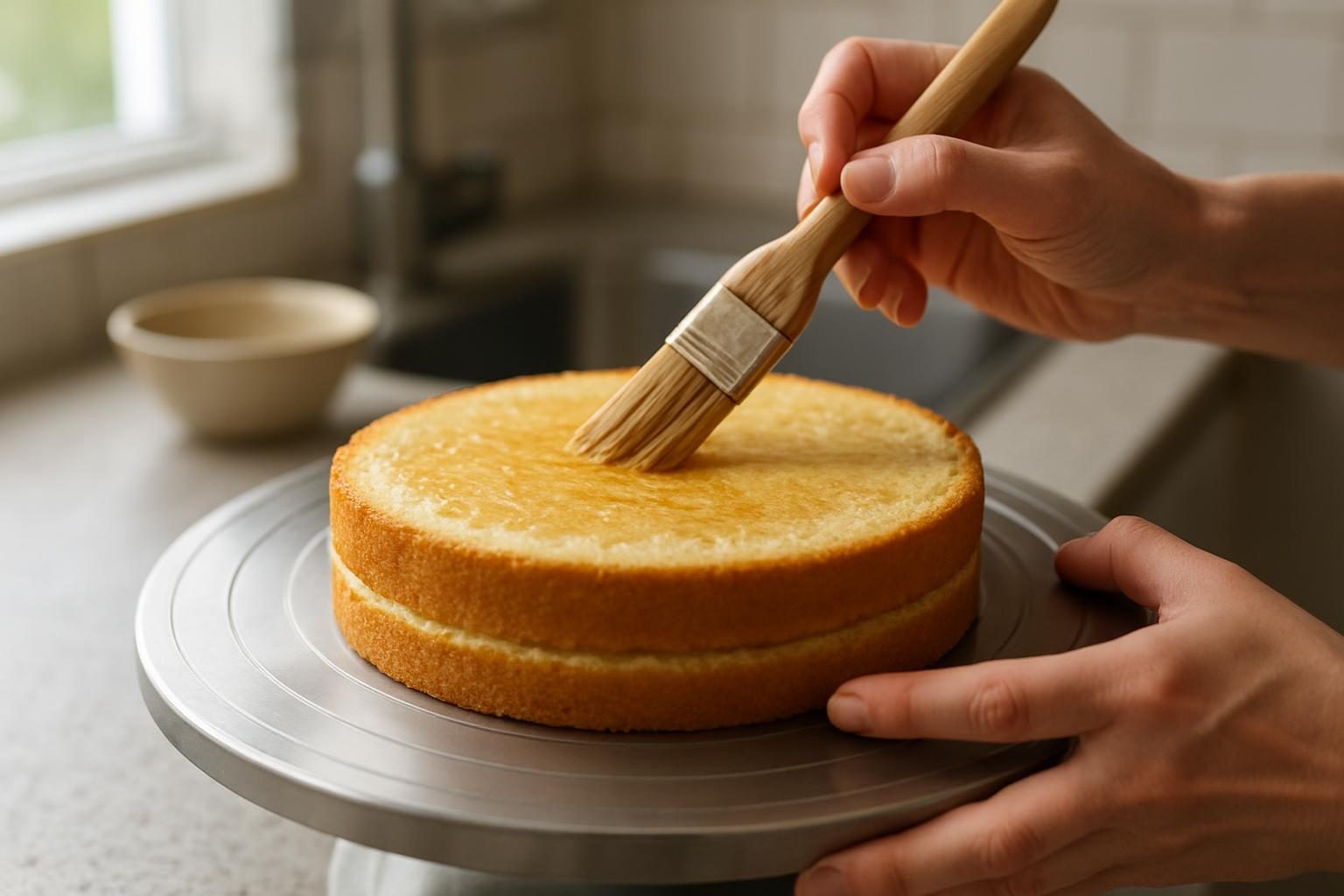 Camada de bolo sendo molhada com calda usando pincel antes de receber o recheio