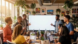Equipe diversa de agência de conteúdo digital no Brasil colaborando em escritório moderno e iluminado.