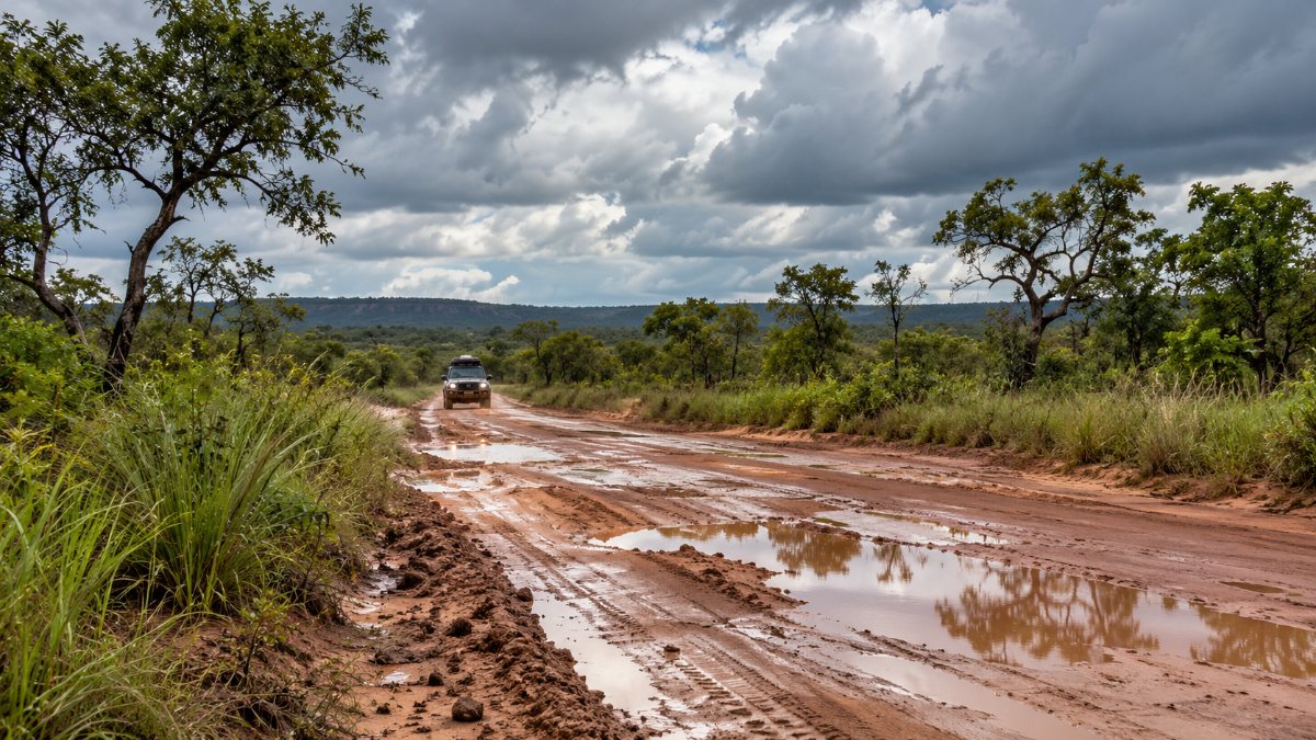 Estrada de areia no Jalapão com poças após a chuva e cerrado verde nas margens