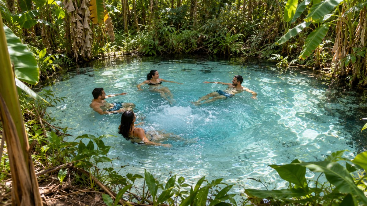 Visitantes flutuando em fervedouro de água cristalina cercado de bananeiras no Jalapão