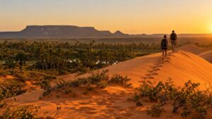 Dunas alaranjadas do Jalapão no fim da tarde, com buritis ao fundo e visitantes subindo a areia