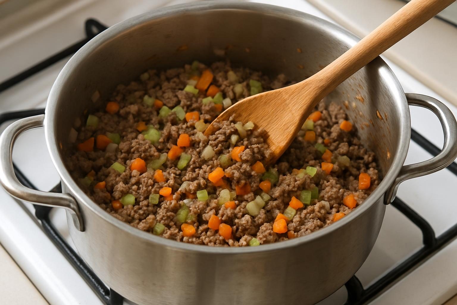 Carne moída dourando na panela com cebola, cenoura e salsão picados