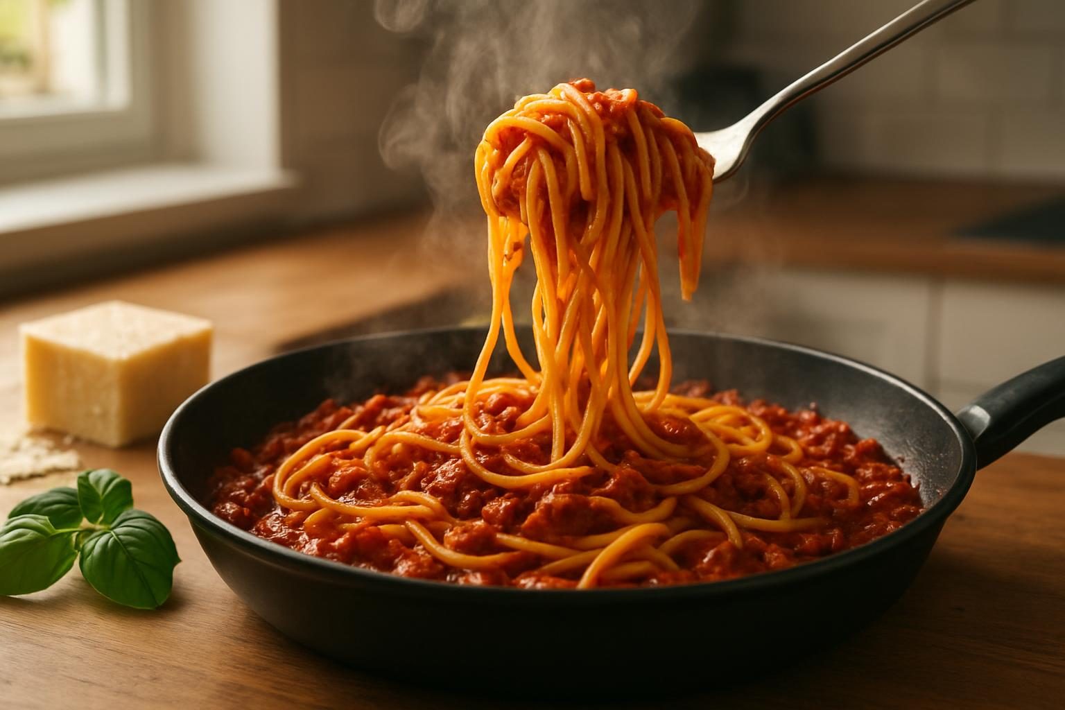 Macarrão sendo misturado ao molho à bolonhesa na frigideira
