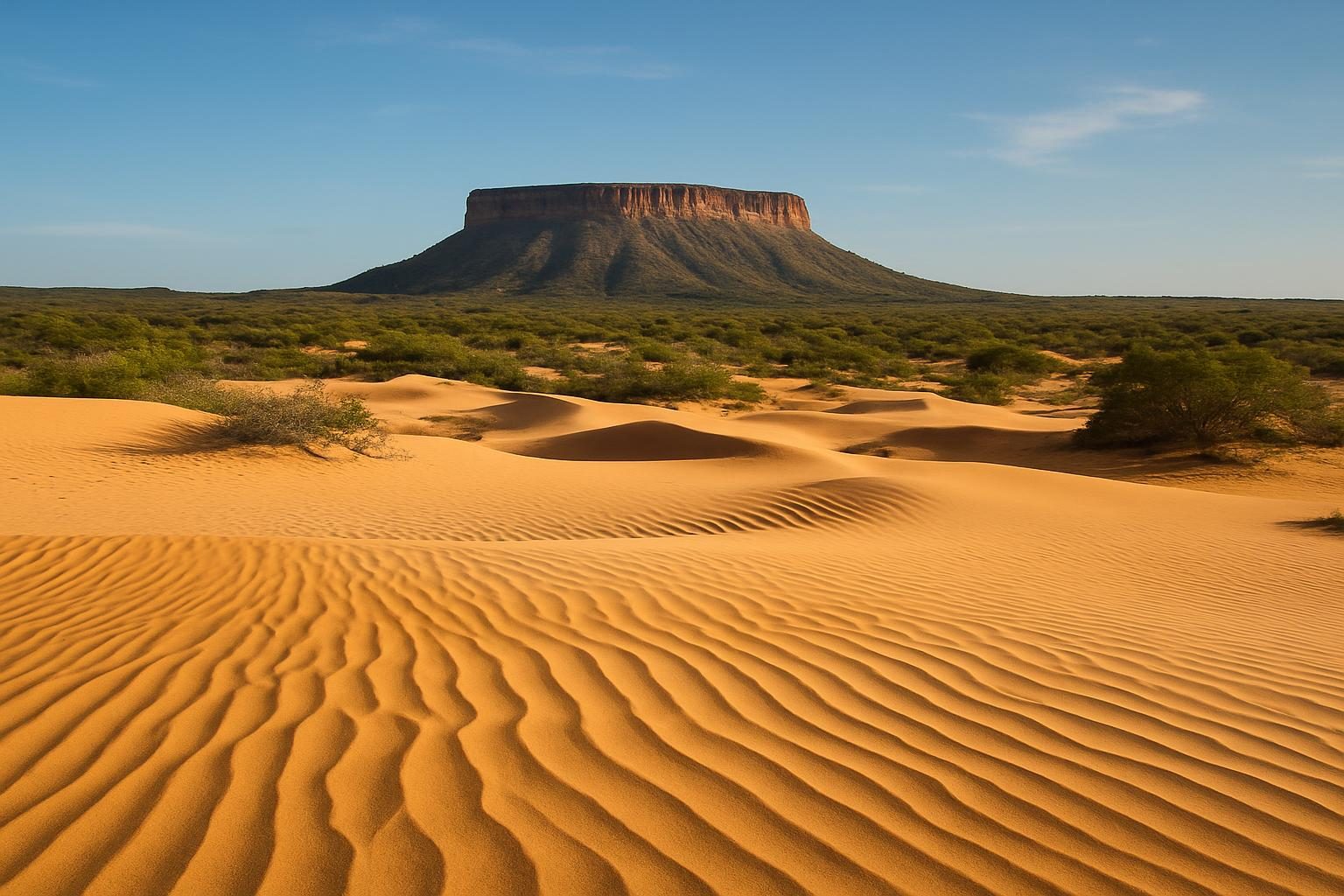 Dunas douradas e chapada ao fundo na região do Jalapão, no leste do Tocantins