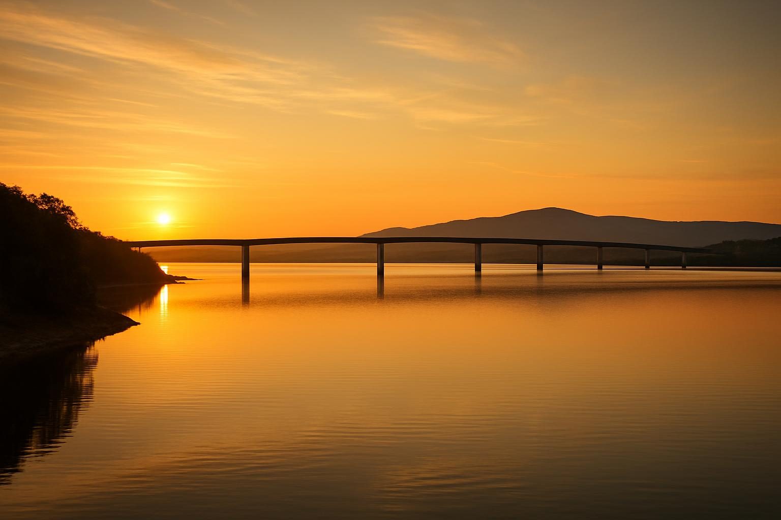 Lago do rio Tocantins ao entardecer com ponte e serra ao fundo