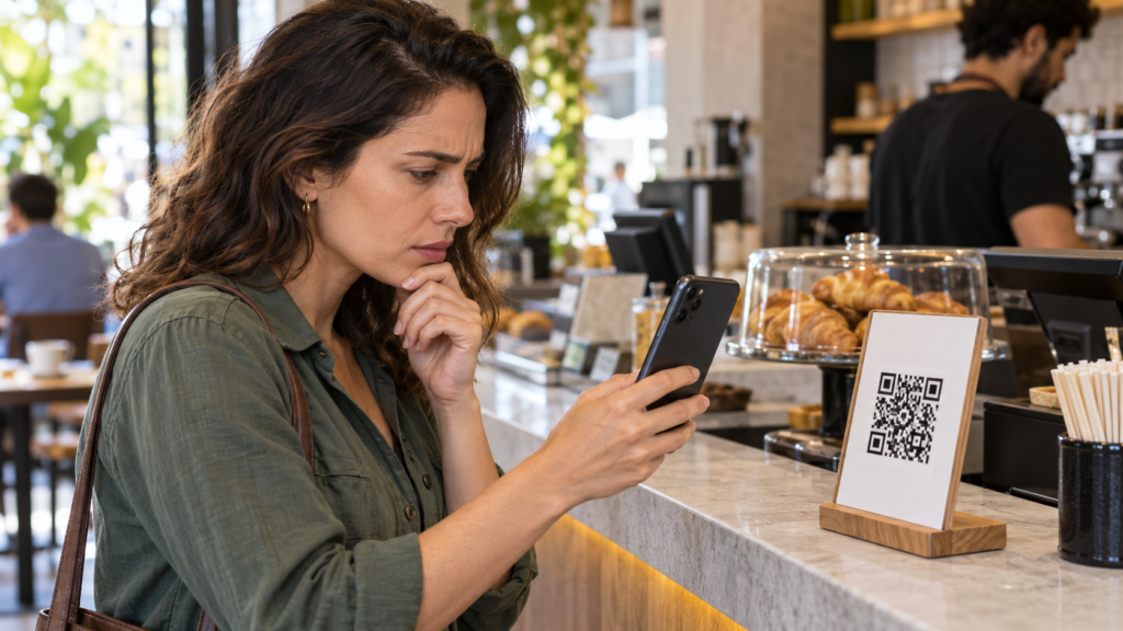 Pessoa conferindo um QR Code antes de autorizar o pagamento