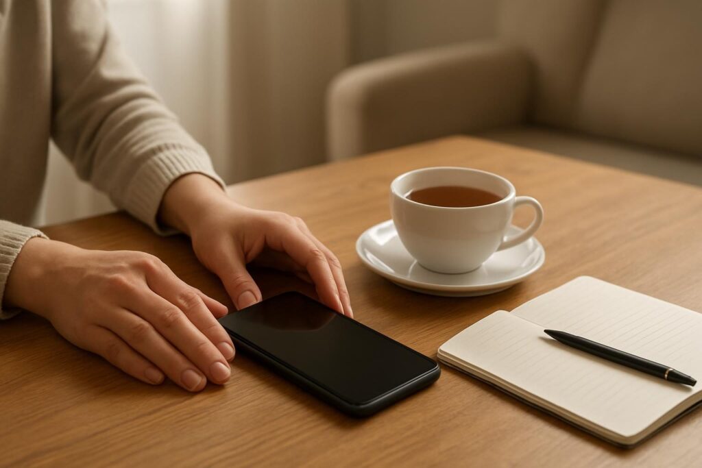 Pessoa deixando o celular sobre a mesa ao lado de xícara e caderno em ambiente calmo