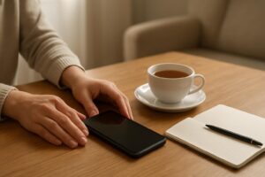 Pessoa deixando o celular sobre a mesa ao lado de xícara e caderno em ambiente calmo