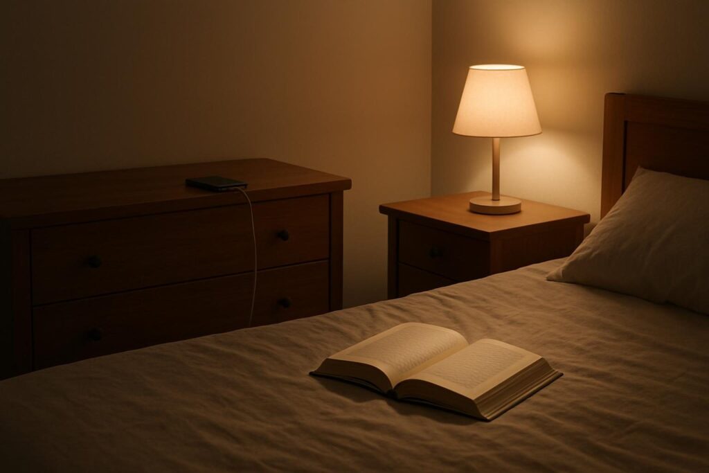 Quarto à noite com celular carregando longe da cama e livro ao lado do abajur