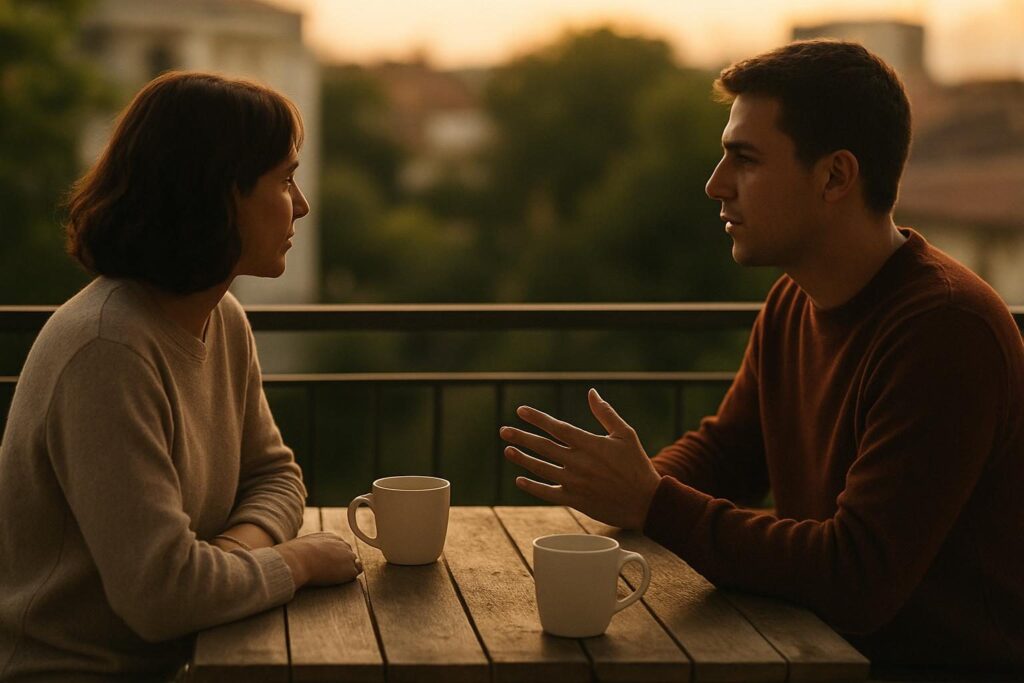 Duas pessoas conversando em uma varanda ao entardecer, sem usar o celular