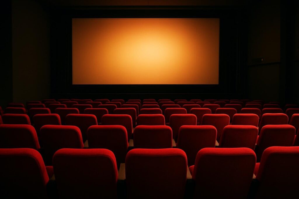 Sala de cinema vazia com poltronas vermelhas e tela iluminada