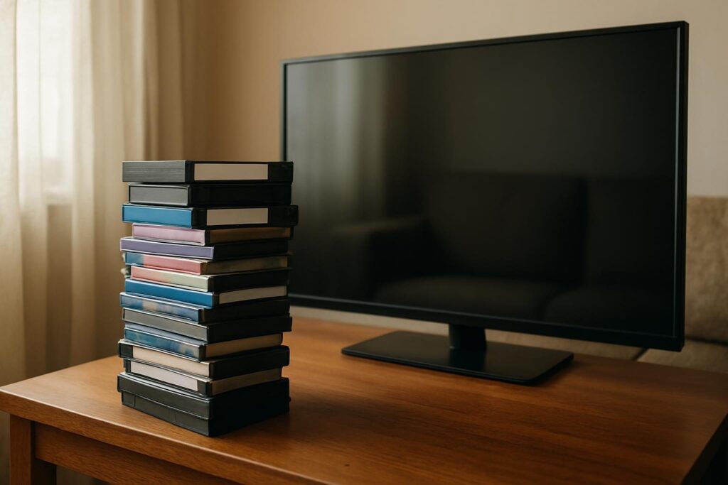 Fitas de vídeo antigas e DVDs ao lado de uma TV moderna