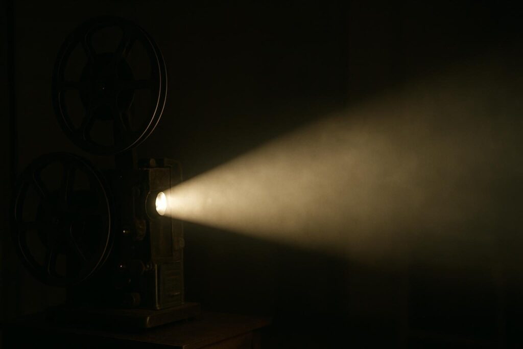 Projetor de filme antigo emitindo feixe de luz em sala escura