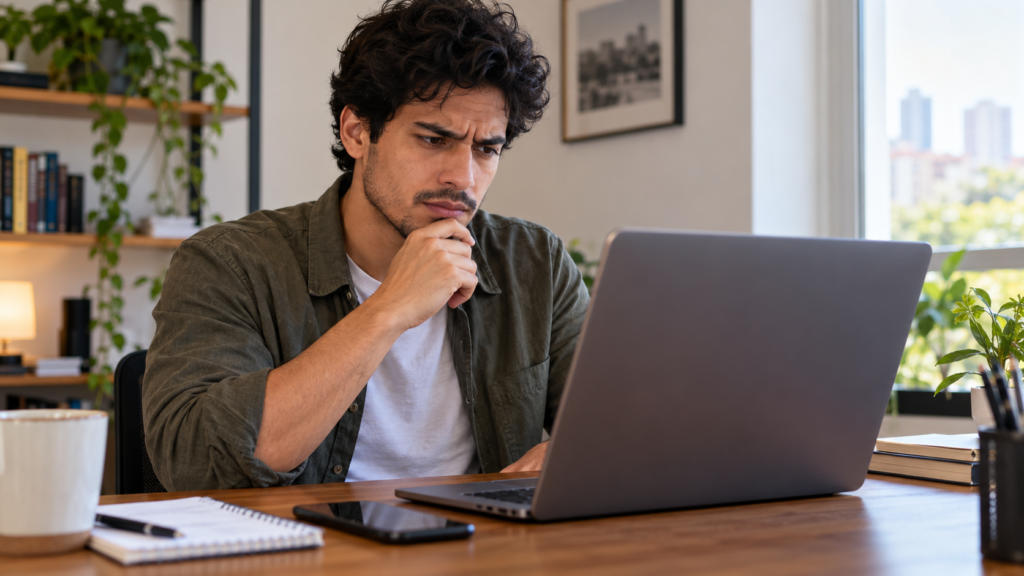 Candidato avaliando com cautela uma oferta de emprego no notebook