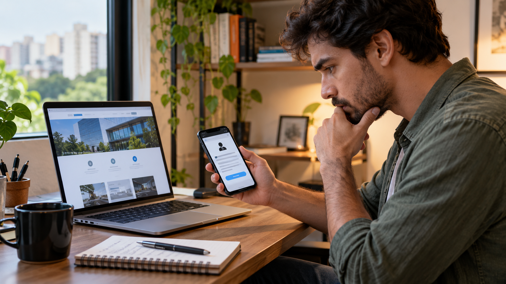Candidato comparando uma mensagem de recrutamento com o site oficial da empresa